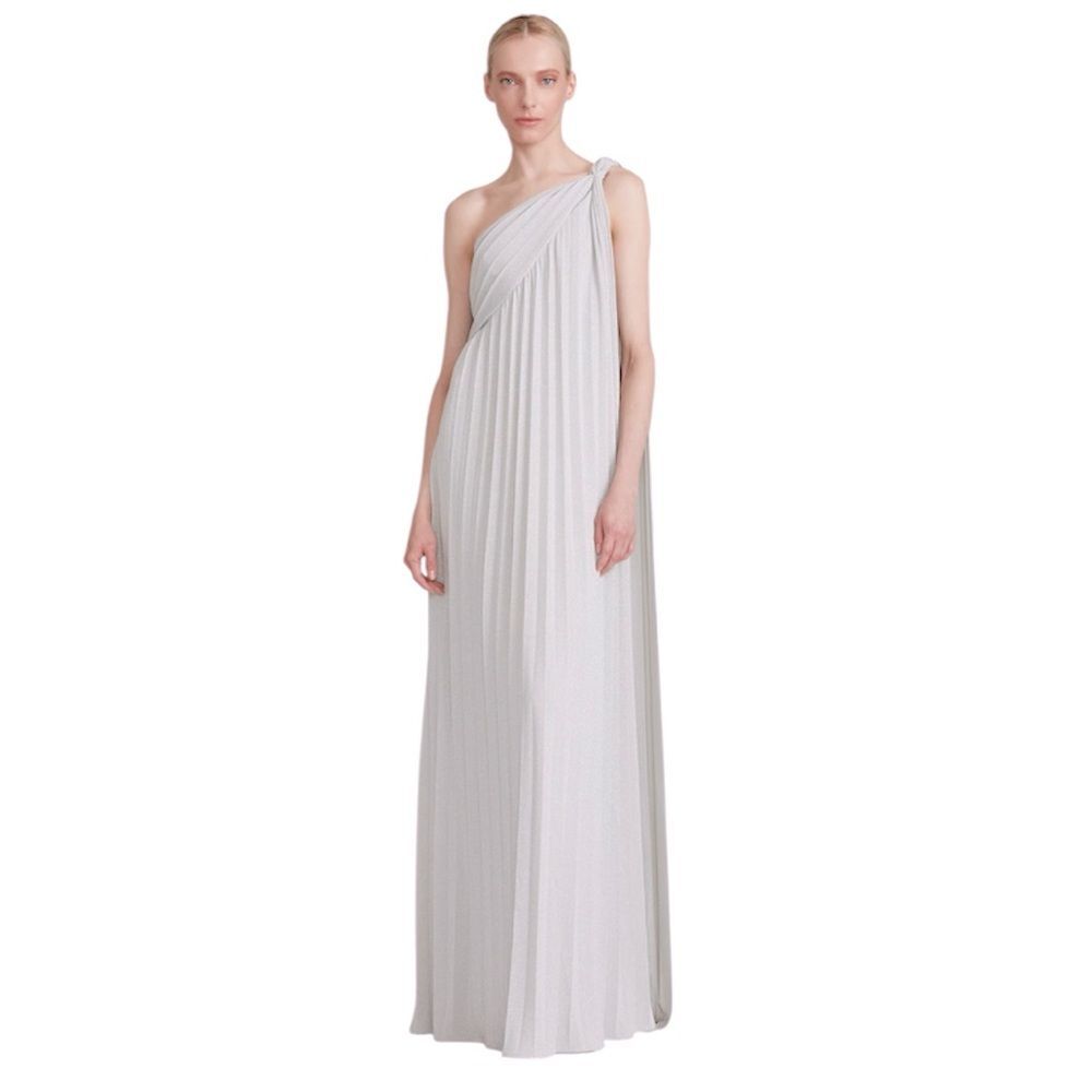 Halston Heritage One-Shoulder Pleated Gown in Light Gray